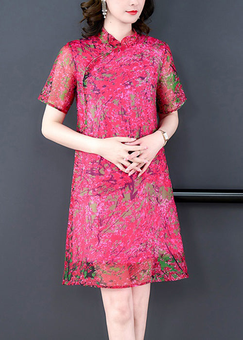 Rose Stand Collar Print Silk Mid Dress Summer