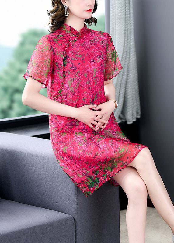 Rose Stand Collar Print Silk Mid Dress Summer