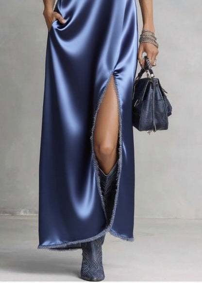 Sea Blue V Neck Side Open Silk Maxi Dresses Sleeveless
