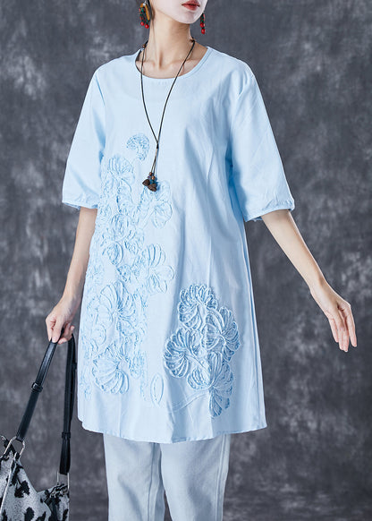 Sky Blue Embroideried Linen Mid Dress Summer