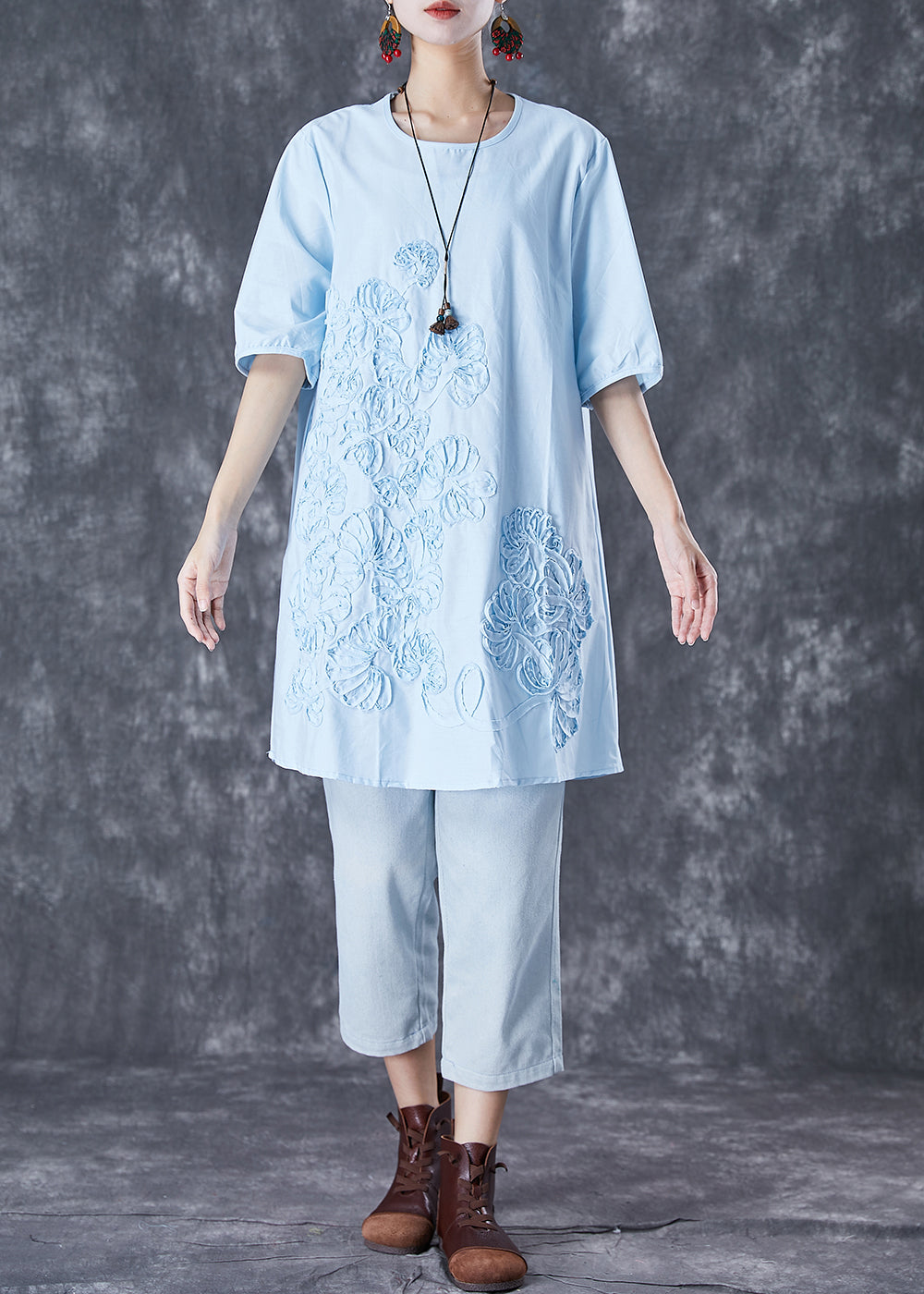 Sky Blue Embroideried Linen Mid Dress Summer