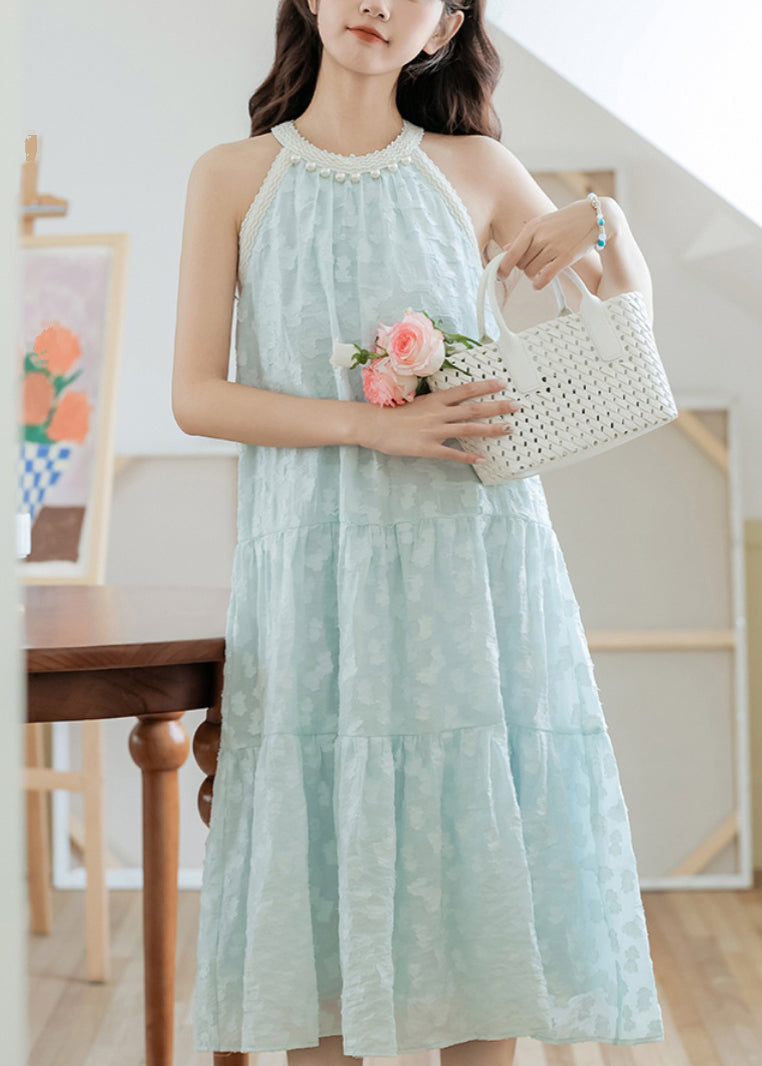 Sky Blue Pearl Bow Cotton Dresses Sleeveless