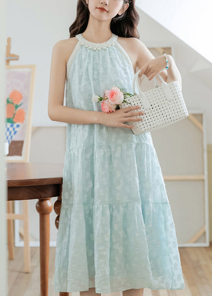 Sky Blue Pearl Bow Cotton Dresses Sleeveless