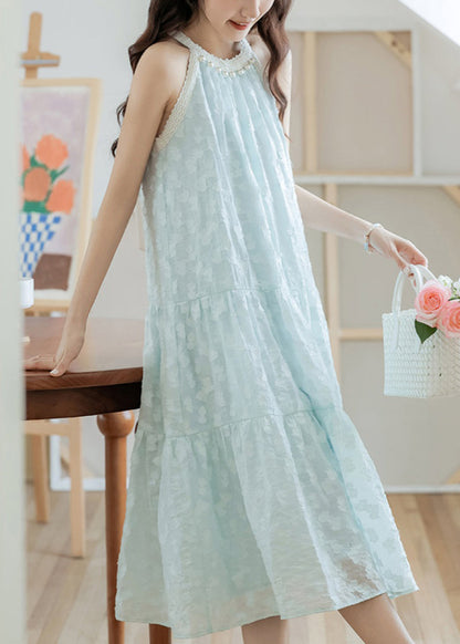 Sky Blue Pearl Bow Cotton Dresses Sleeveless