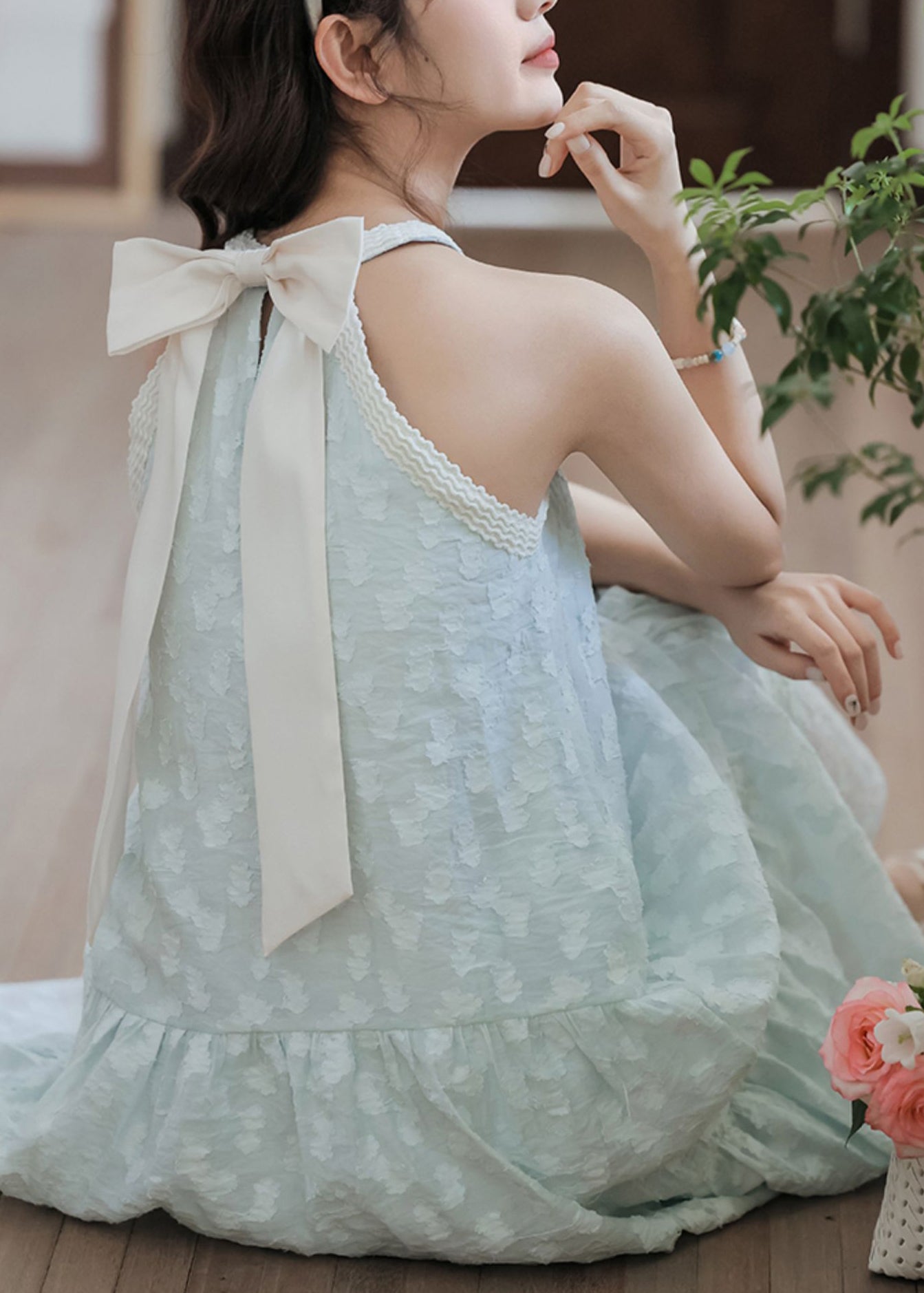 Sky Blue Pearl Bow Cotton Dresses Sleeveless