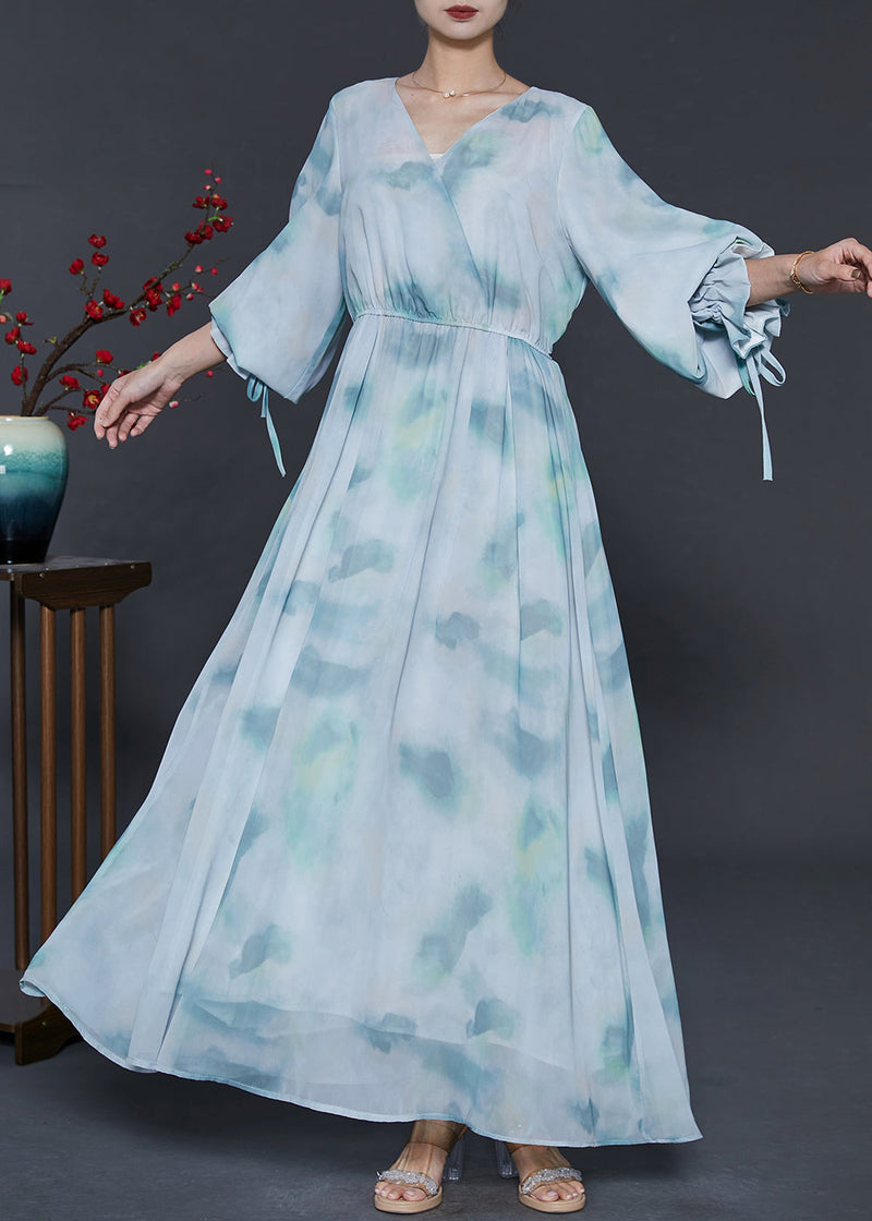 Sky Blue V Neck Tie Dye Chiffon Dress Summer