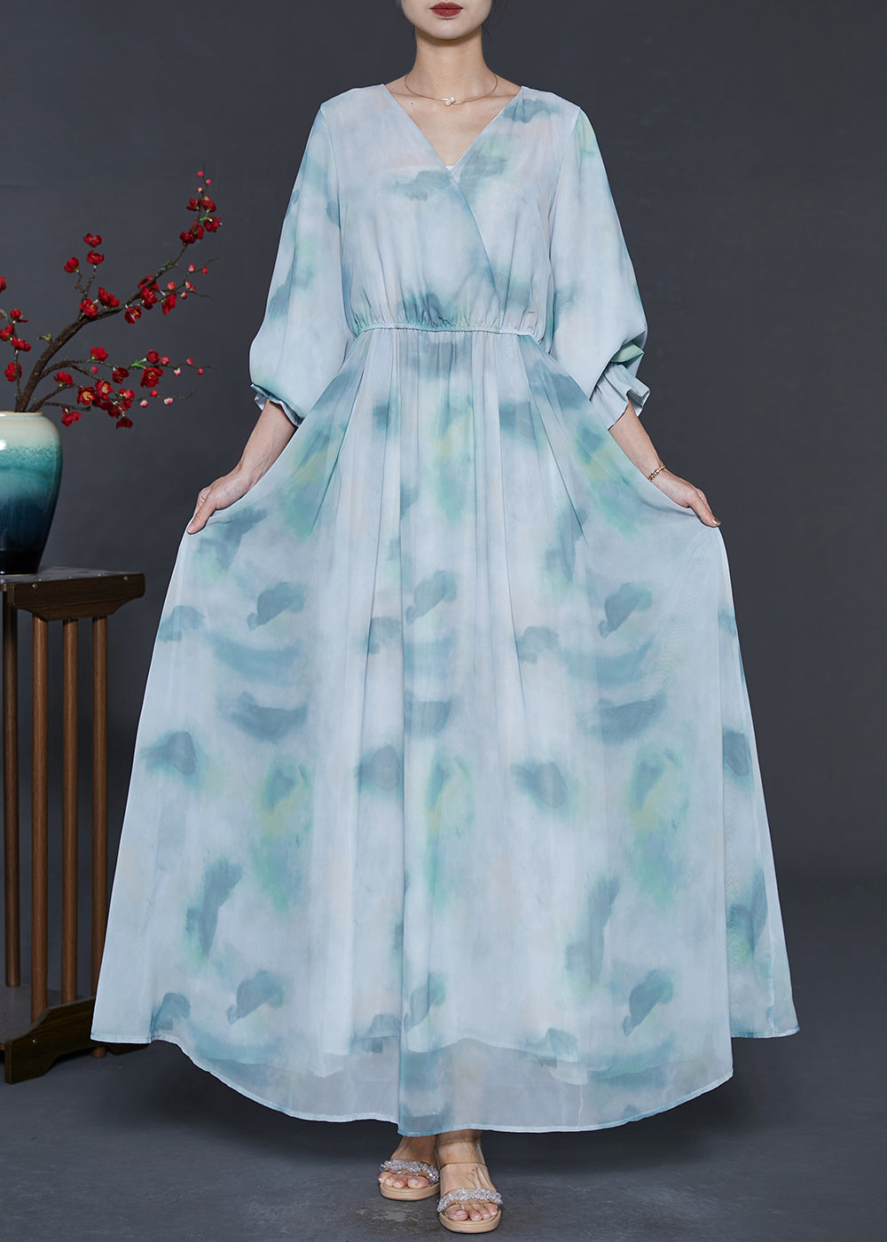 Sky Blue V Neck Tie Dye Chiffon Dress Summer