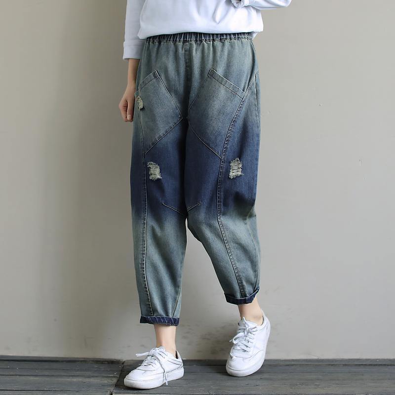 Spring Pants Stylish Denim Dark Blue Shape Elastic Waist Hole Wild Pants