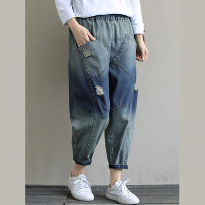 Spring Pants Stylish Denim Dark Blue Shape Elastic Waist Hole Wild Pants
