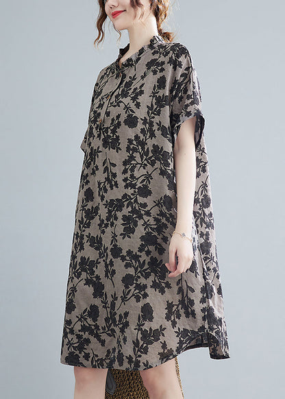 Stand Collar Button Print Linen Dress Short Sleeve
