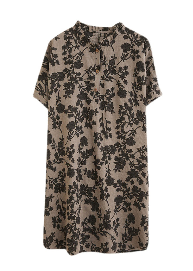 Stand Collar Button Print Linen Dress Short Sleeve