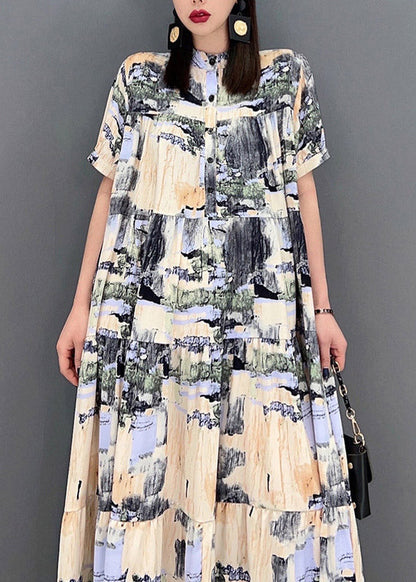 Stand Collar Button Print Patchwork Wrinkled Chiffon Long Dress Short Sleeve
