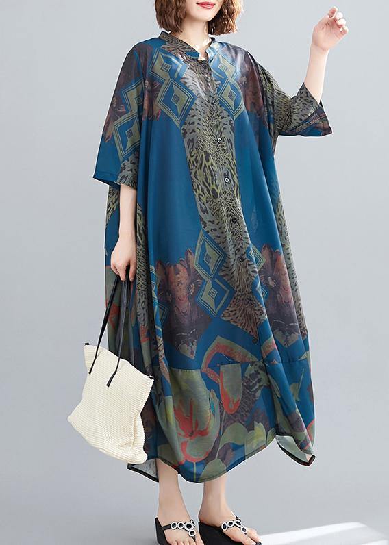 Stand Collar Summer Tunics Blue Abstract Pattern Long Dress