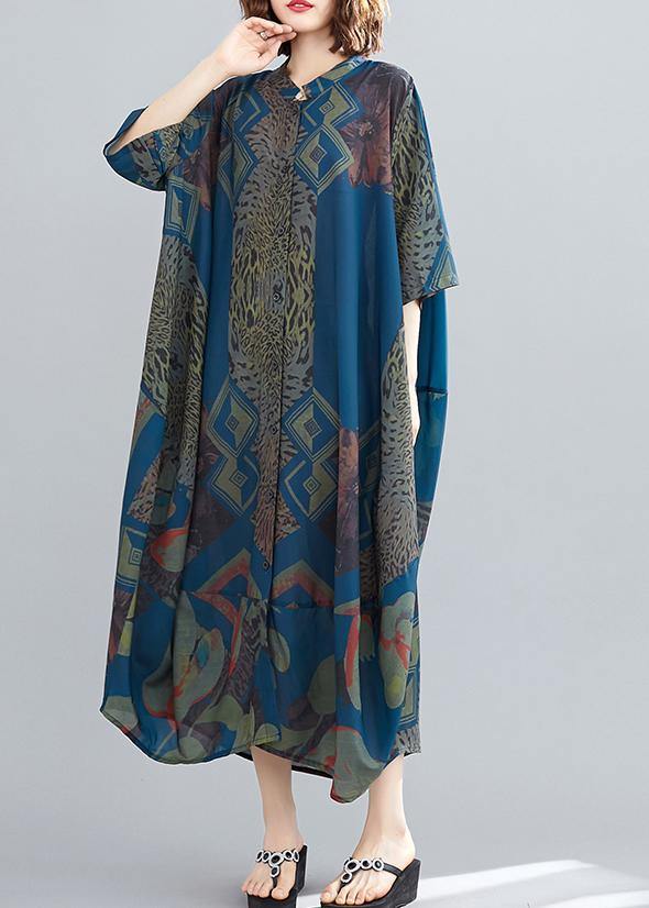 Stand Collar Summer Tunics Blue Abstract Pattern Long Dress