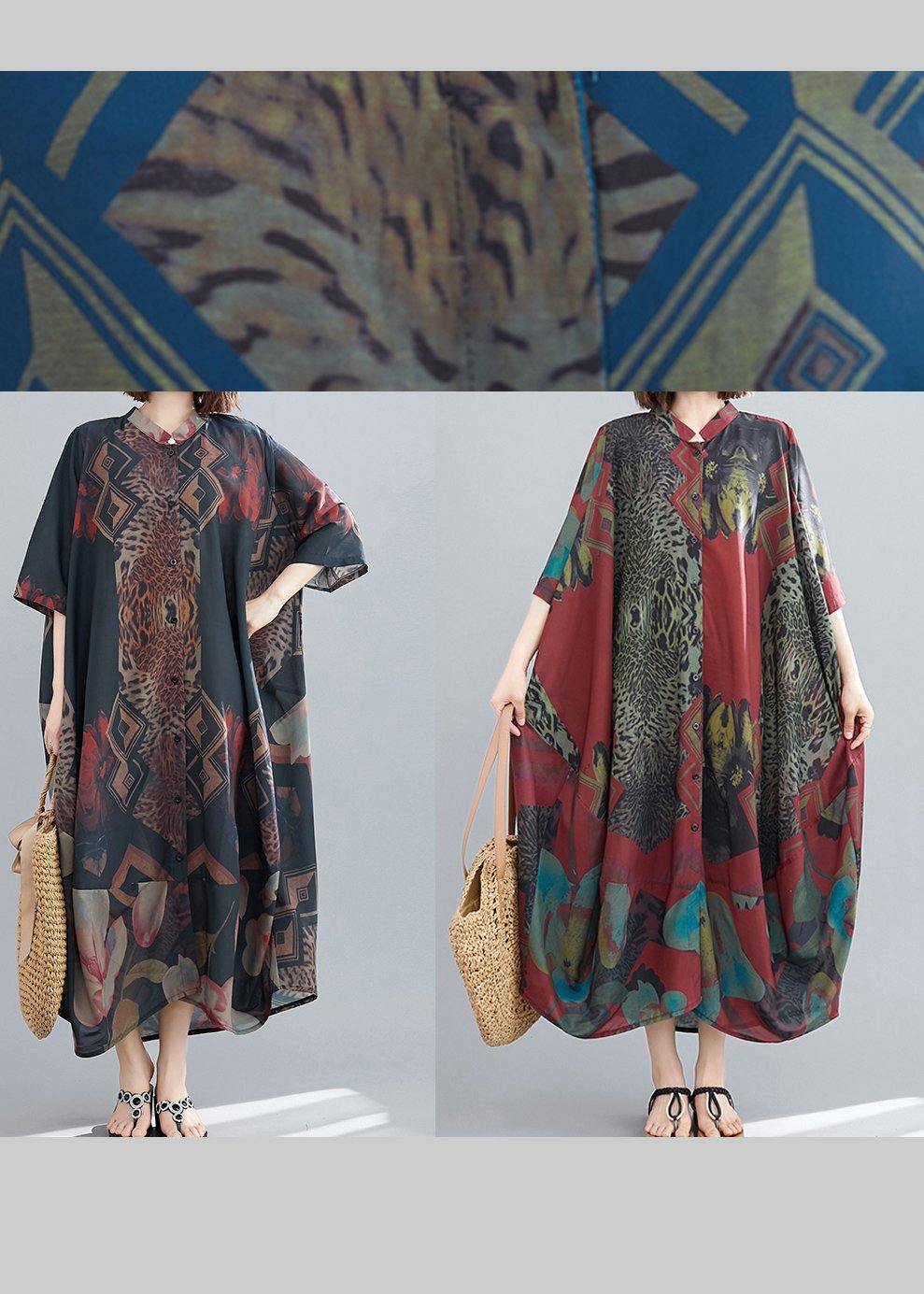 Stand Collar Summer Tunics Blue Abstract Pattern Long Dress