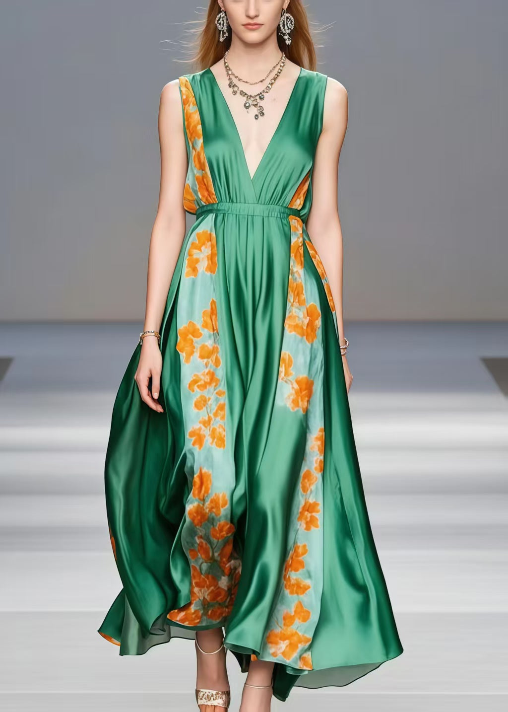 Tea Green V Neck Patchwork Silk Holiday Dress Sleeveless