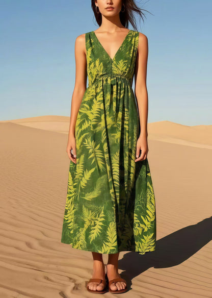 Tea Green V Neck Print Cotton Cami Dresses Summer