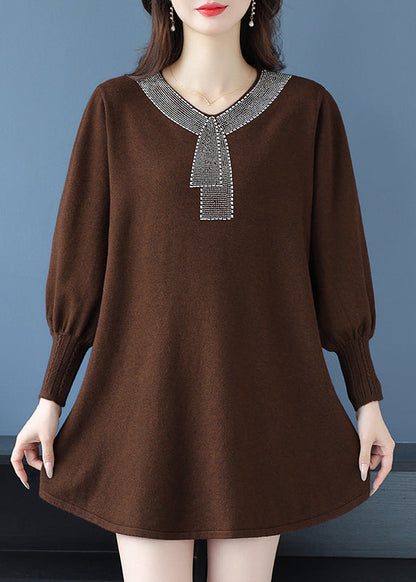 Tea Green V Neck Zircon Woolen Sweater Dress Winter