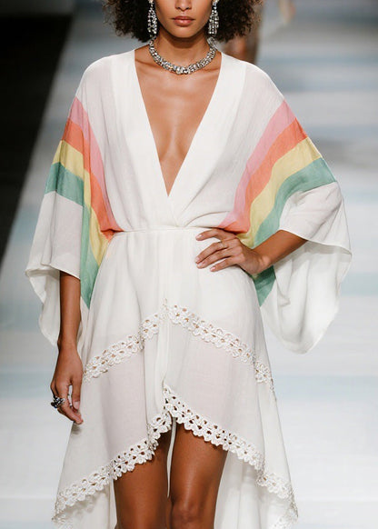 V Neck Asymmetrical Design Patchwork Cotton Dresses Summer