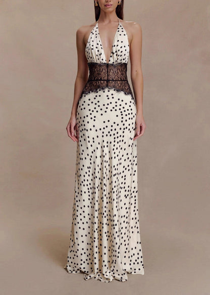 V Neck Lace Patchwork Backless Silk Dresses Summer