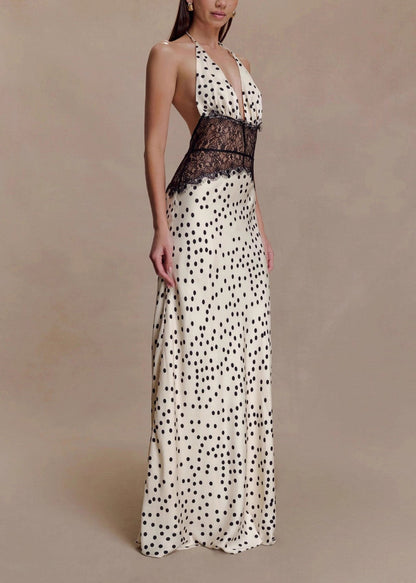 V Neck Lace Patchwork Backless Silk Dresses Summer