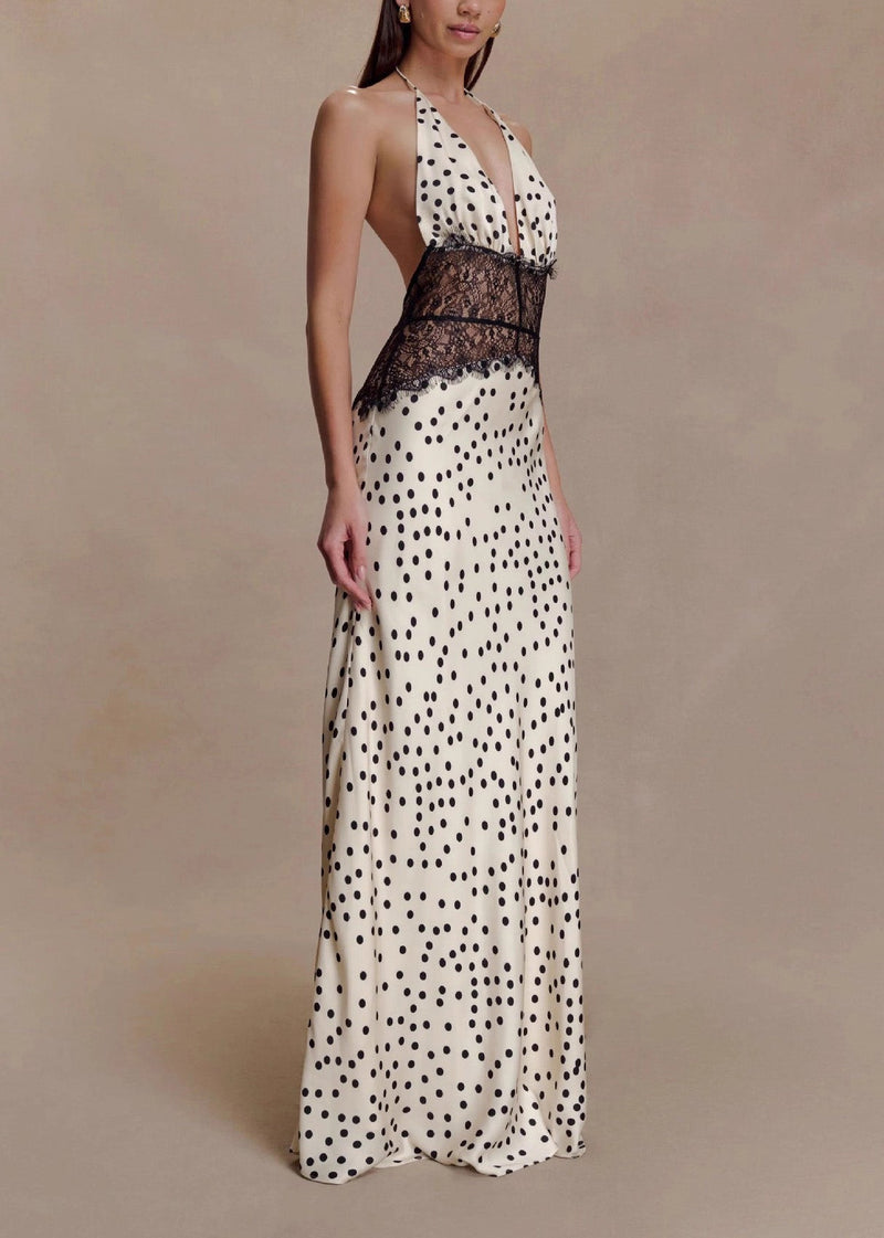 V Neck Lace Patchwork Backless Silk Dresses Summer