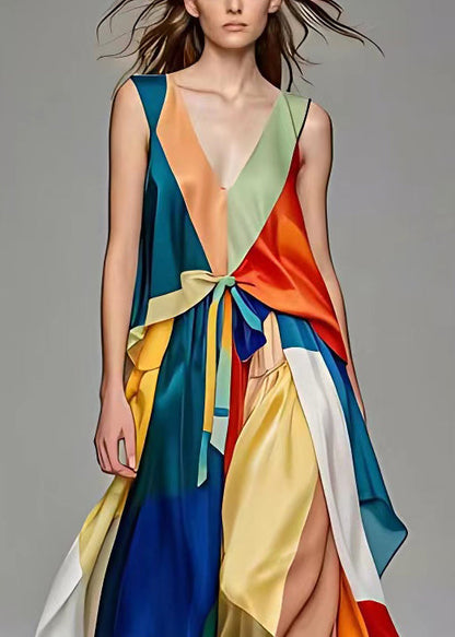 V Neck Lace Up Patchwork Silk Long Dresses Sleeveless