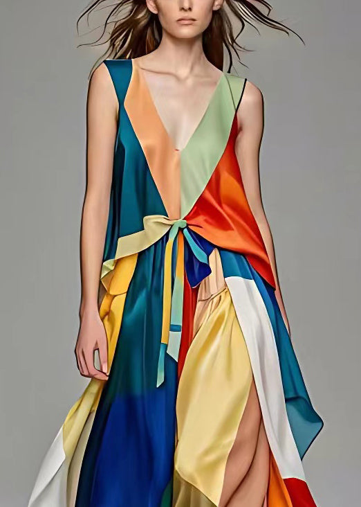 V Neck Lace Up Patchwork Silk Long Dresses Sleeveless