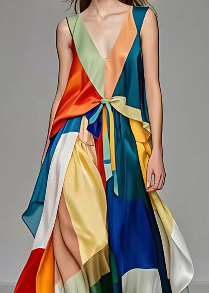V Neck Lace Up Patchwork Silk Long Dresses Sleeveless