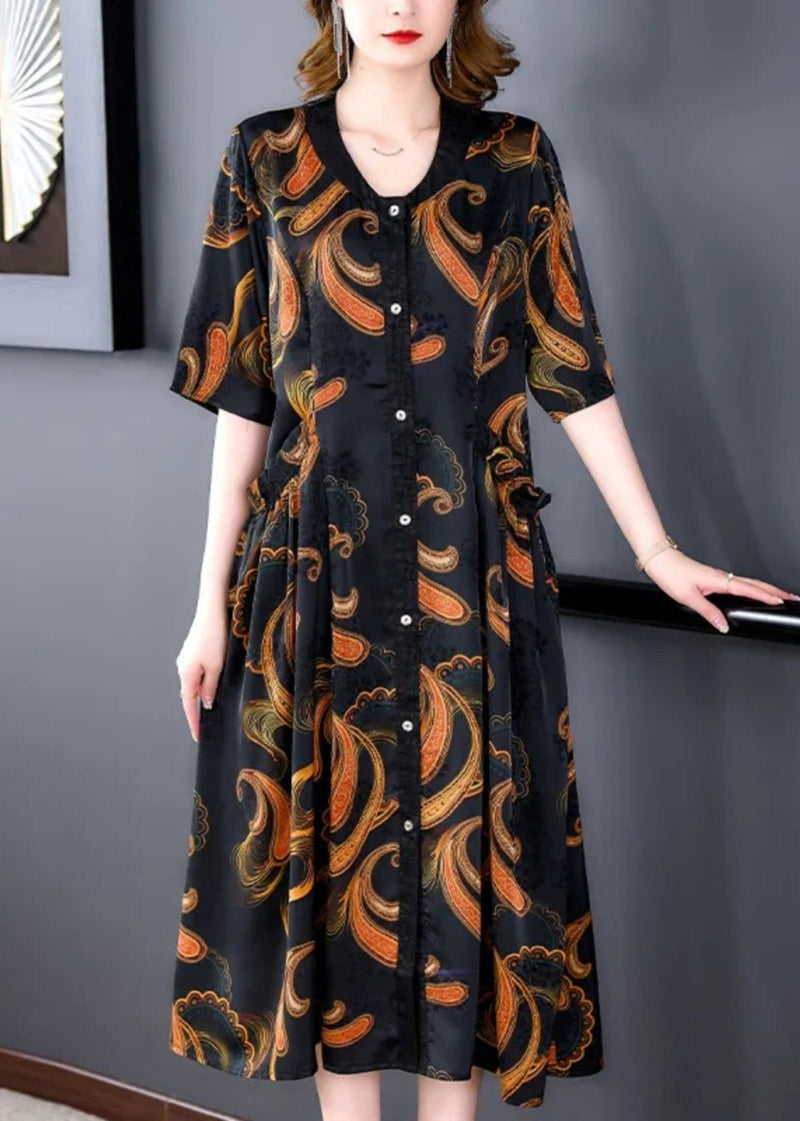 V Neck Print Button Silk Maxi Shirts Dresses Summer