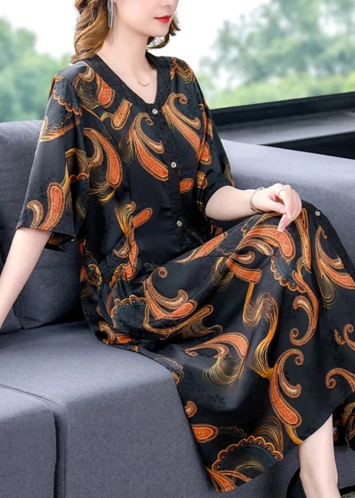 V Neck Print Button Silk Maxi Shirts Dresses Summer