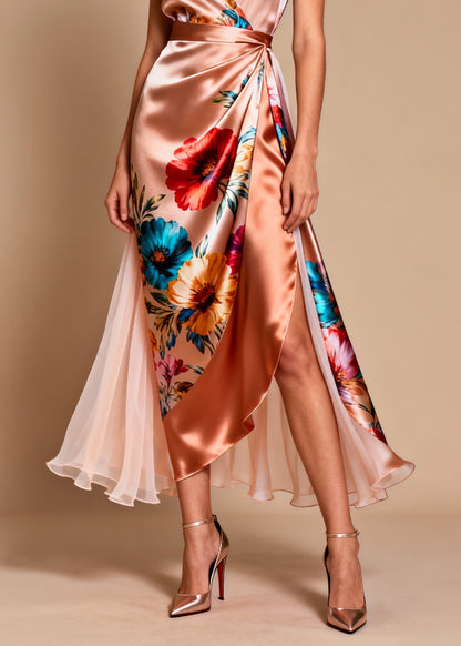 V Neck Print Patchwork Silk Dress Sleeveless