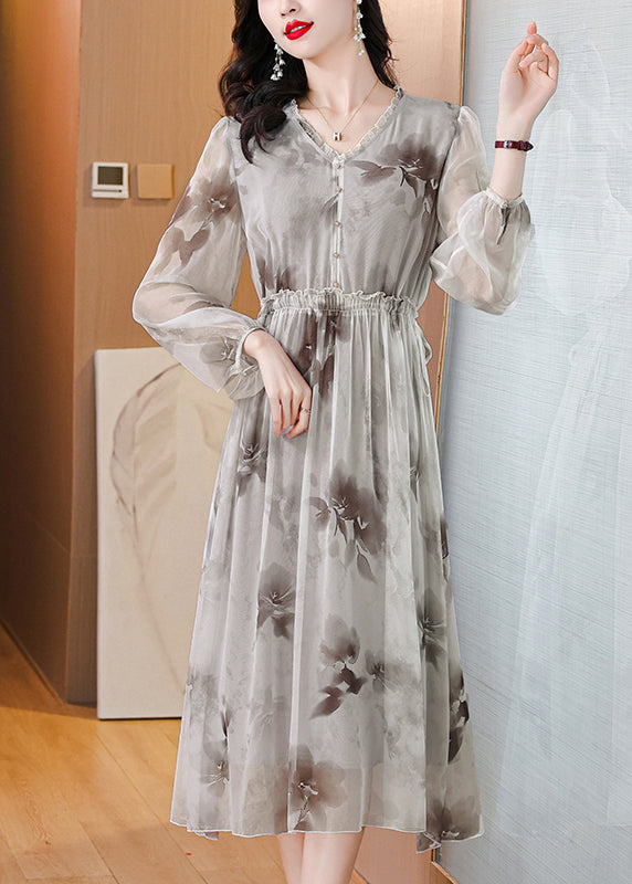 V Neck Print Ruffled Silk Chiffon Dresses Lantern Sleeve