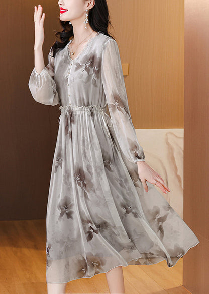 V Neck Print Ruffled Silk Chiffon Dresses Lantern Sleeve