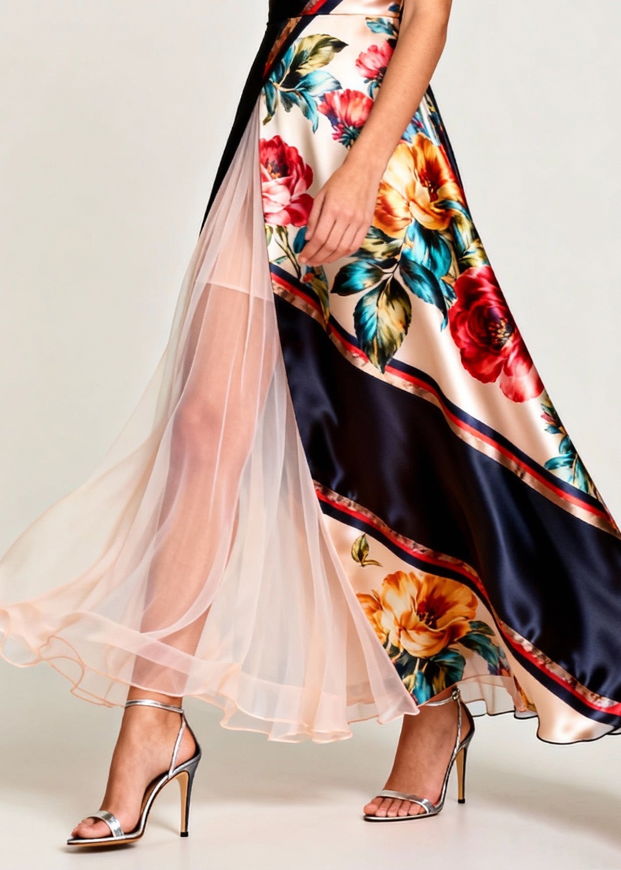 V Neck Print Tulle Patchwork Silk Long Dress Sleeveless