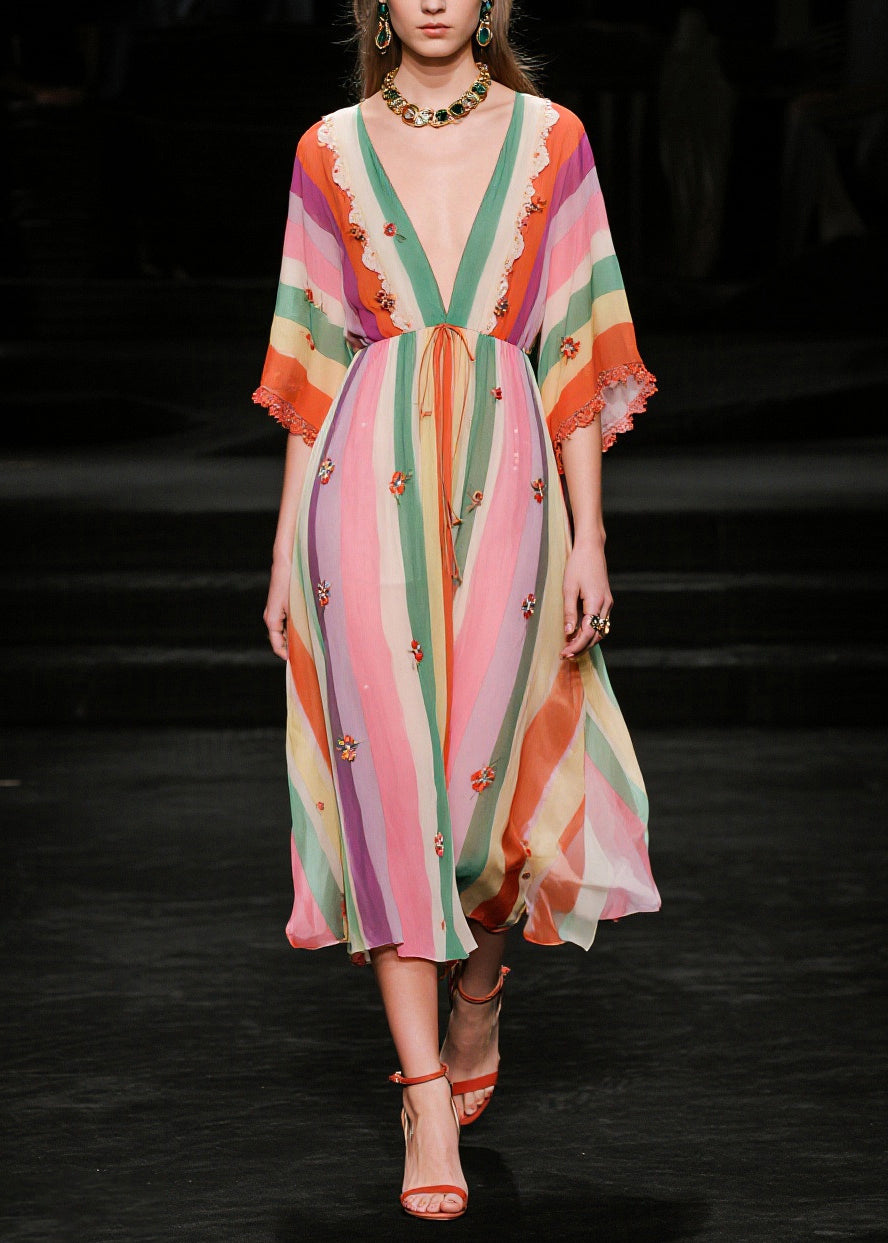 V Neck Striped Chiffon Vacation Dress Half Sleeve