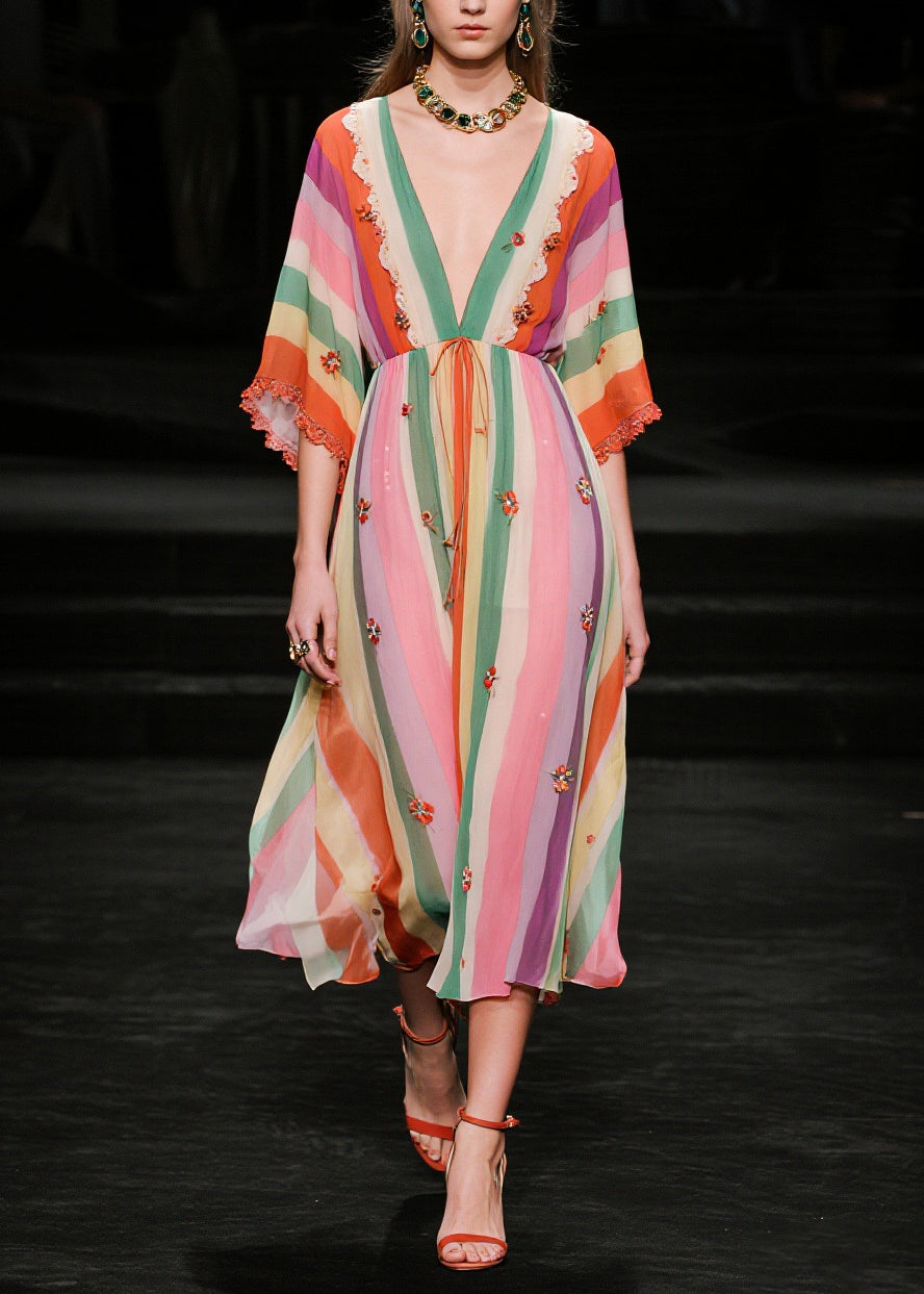 V Neck Striped Chiffon Vacation Dress Half Sleeve