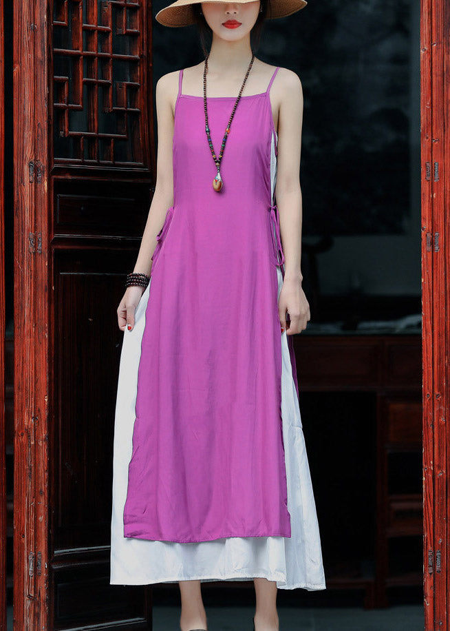 Violet Tie Waist Cotton Fake Two Piece Spaghetti Strap Dress Summer