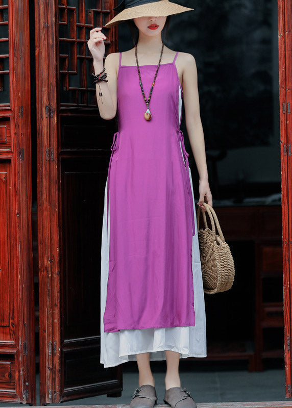Violet Tie Waist Cotton Fake Two Piece Spaghetti Strap Dress Summer
