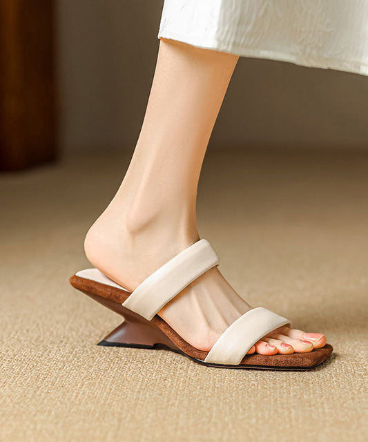 Wedge Beige Cowhide Leather Slide Sandals Peep Toe