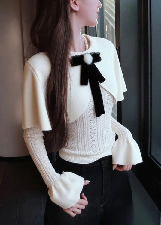 White Bow False Two Pieces Knit Cape Sweaters Winter