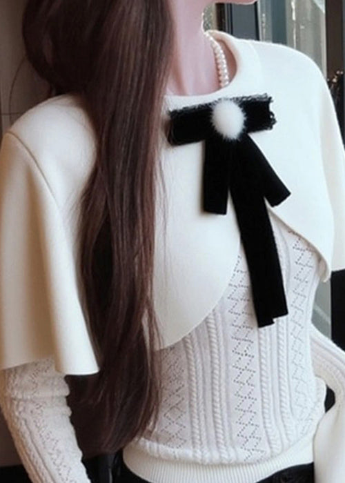 White Bow False Two Pieces Knit Cape Sweaters Winter