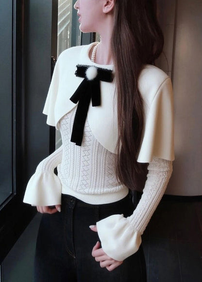 White Bow False Two Pieces Knit Cape Sweaters Winter