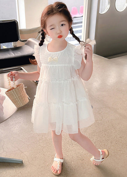 White Bow Tulle Kids a Line Mid Dresses Summer