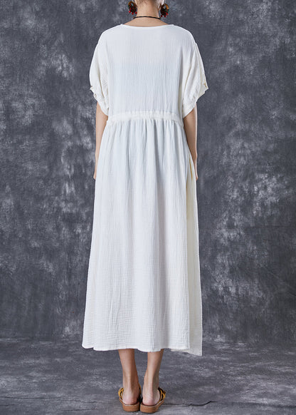 White Cinched Pockets Cotton Holiday Dress Summer