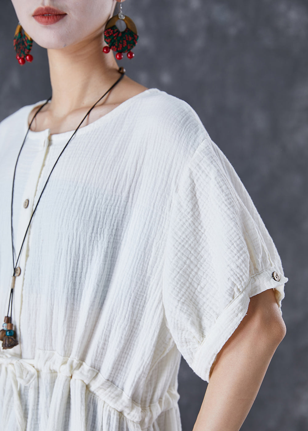 White Cinched Pockets Cotton Holiday Dress Summer