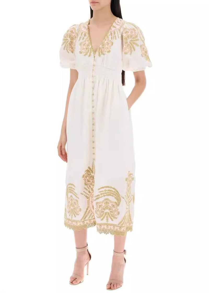 White Embroidered Button Cotton Long Dresses Summer