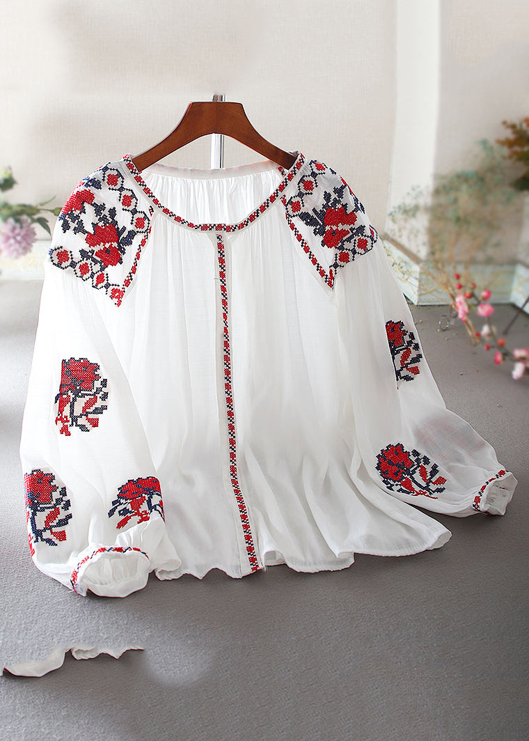White Embroidered Shirt Lantern Sleeve