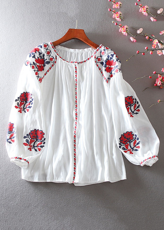 White Embroidered Shirt Lantern Sleeve