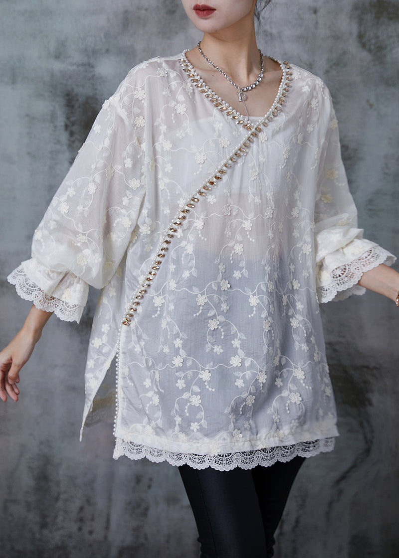 White Embroidered Zircon Cotton Shirt Tops Summer
